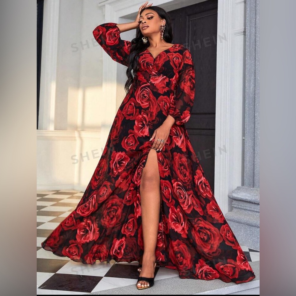 SHEIN Plus Size Lantern Sleeve Rose Dress